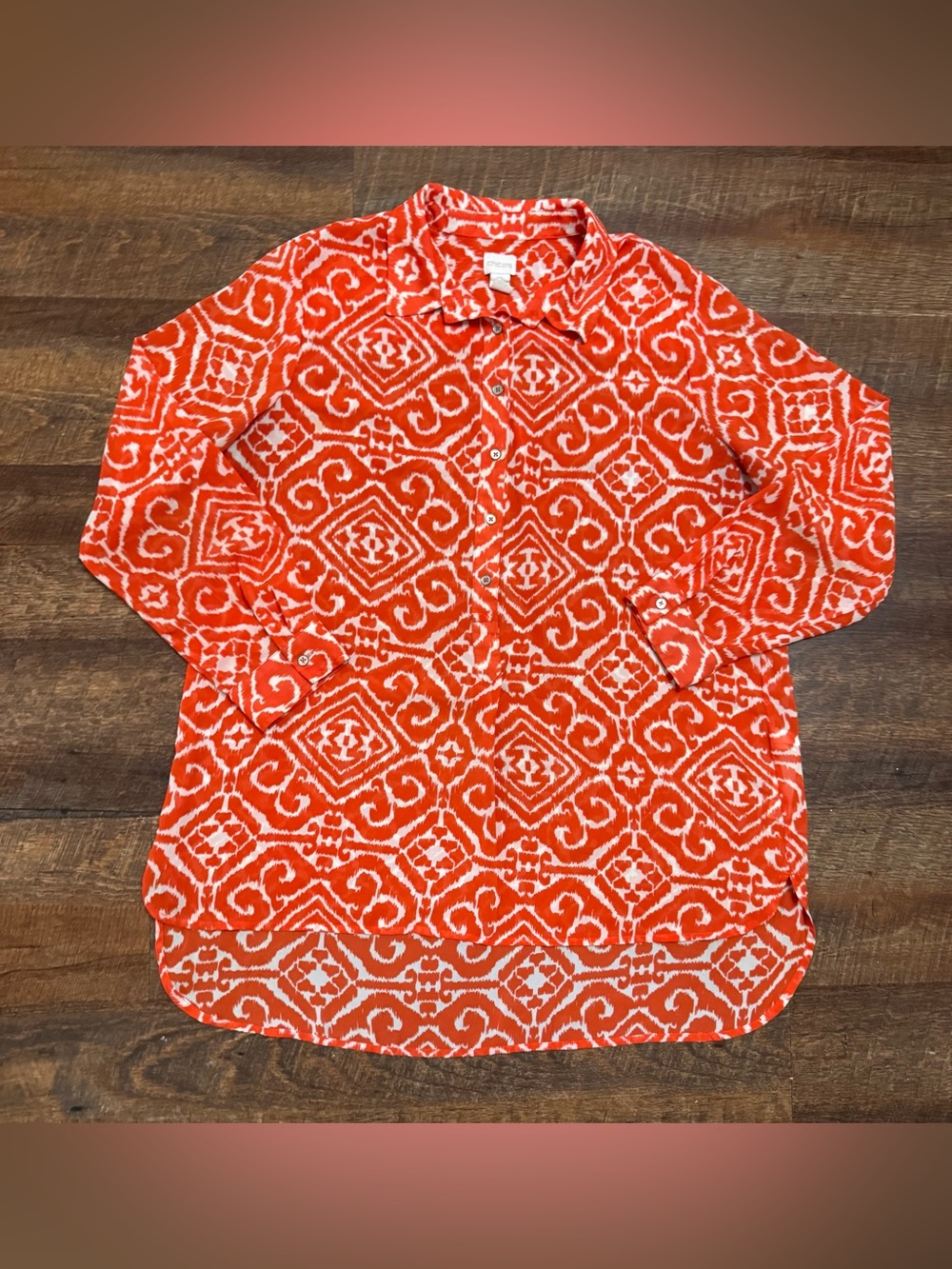 Chico's Size 2 (Large) Orange and White Ikat Print High Low Tunic Blouse Sheer